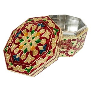 Octagonal Shaped Handmade Meenakari Dry Fruit Box - Red (4" X 4" X 2.25" Inches)